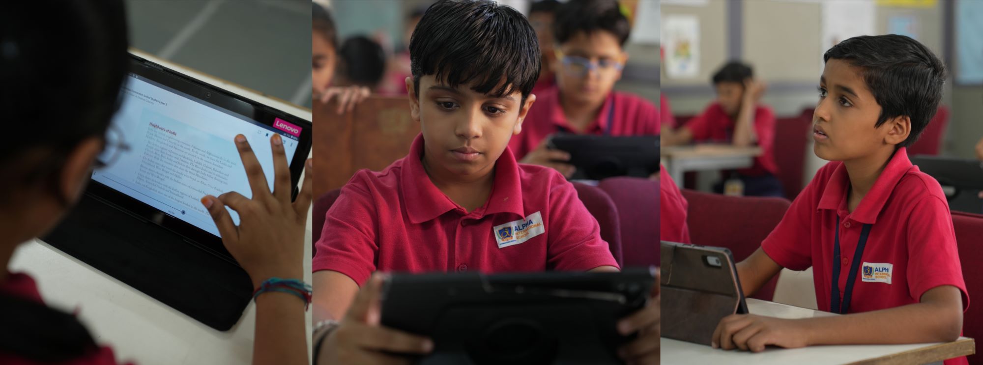 Students using tablets at Alpha International School Ahmedabad – digital learning and smart education